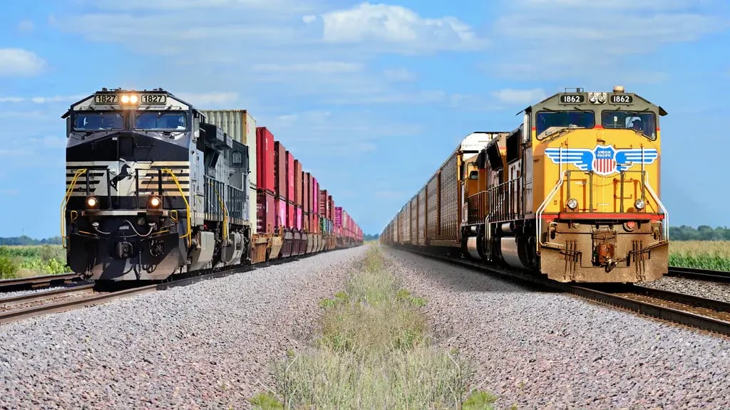 locomotives representing the US coast-to-coast rail merger and its impact on railroad land ownership