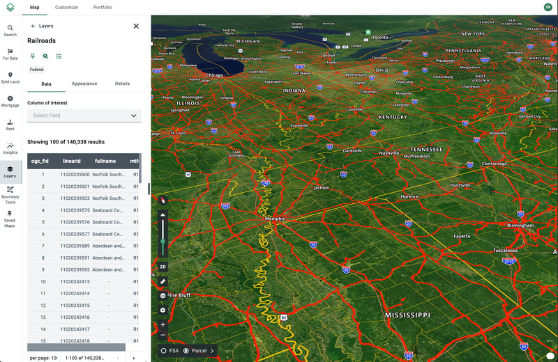 Acres interactive US railroad map showing national freight rail corridors and land parcel overlays