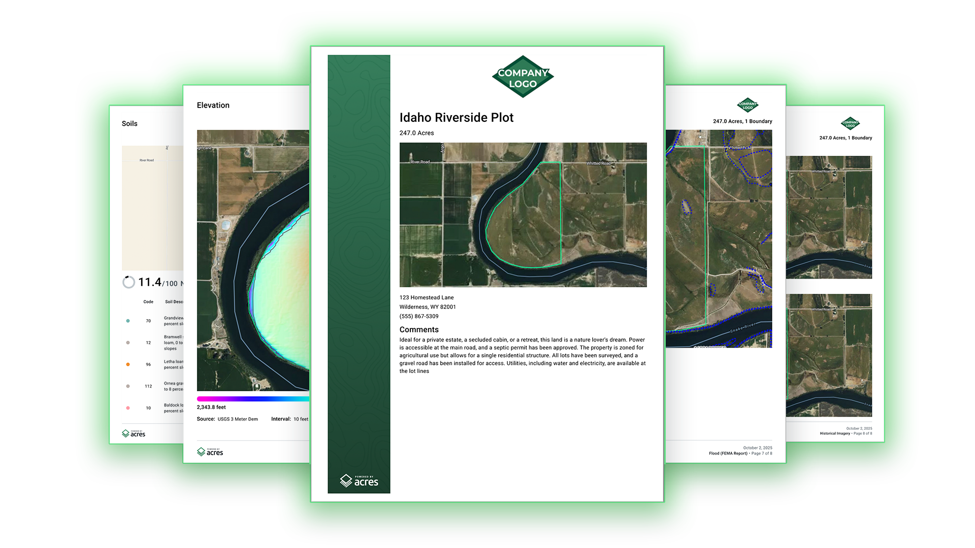Acres land valuation report showing parcel details, elevation, soils, and environmental data compiled into a branded PDF, giving brokers and buyers a presentation-ready pricing case without pulling data from multiple sources