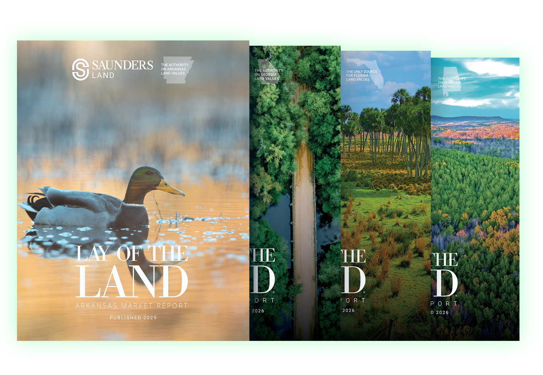 Saunders Land "Lay of the Land" market reports for Arkansas, Georgia, Florida, and Alabama, powered by Acres land data — four state-specific covers branded as the authority on regional land values