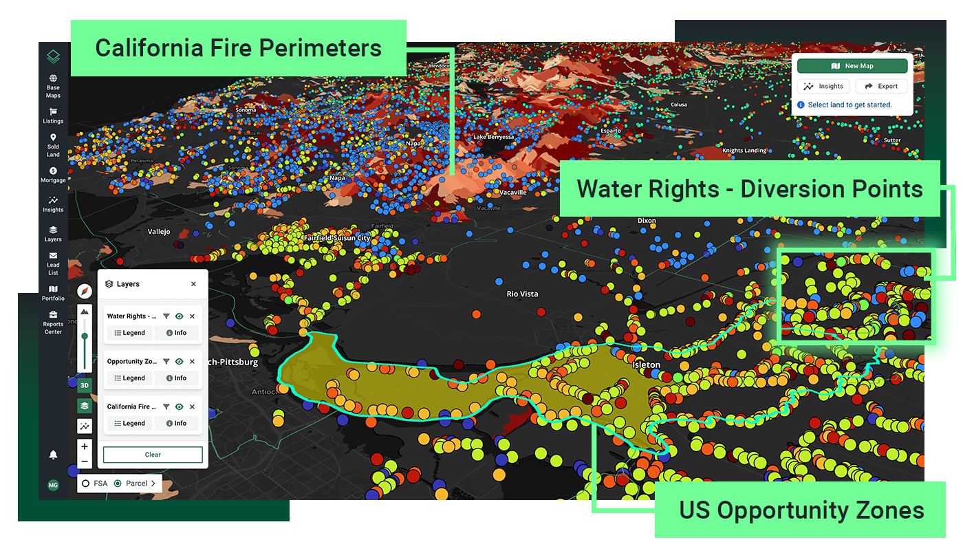 Acres map displaying California fire perimeters, water rights diversion points, and US opportunity zones layers