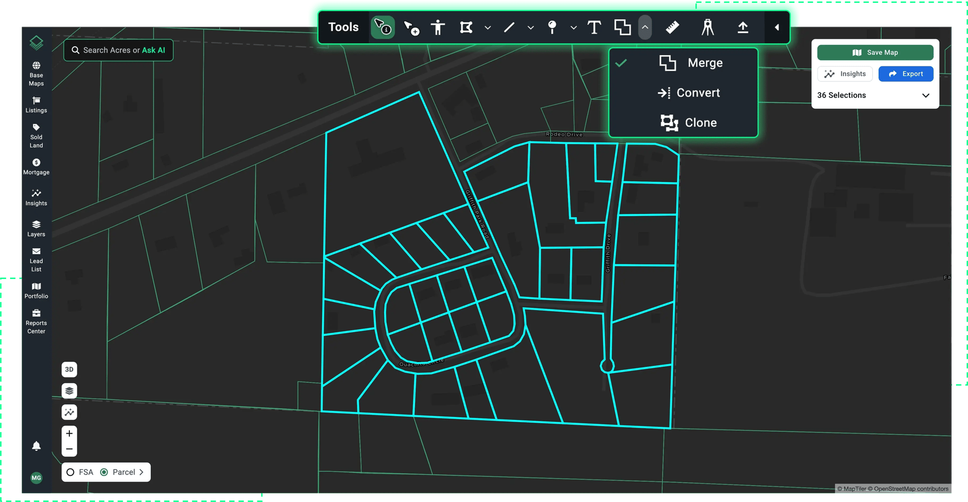 Acres boundary drawing tools showing parcel merge, convert, and clone options for custom land mapping