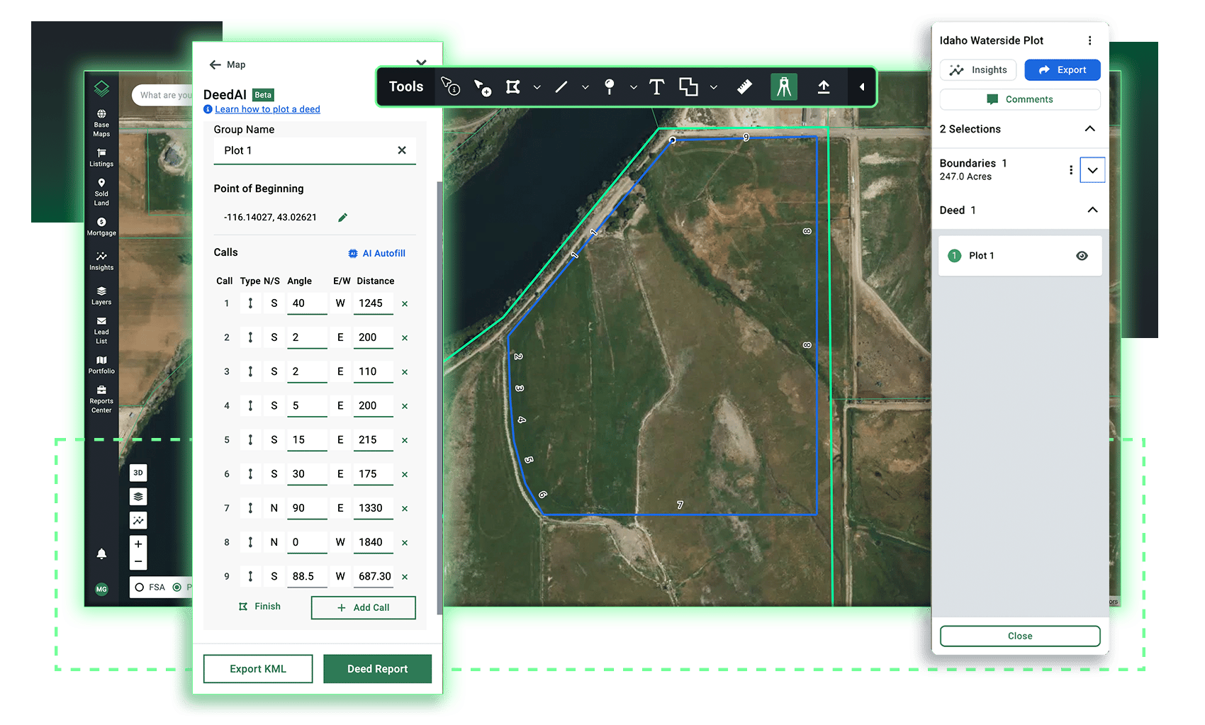 Acres DeedAI tool plotting legal description calls on an Idaho parcel map for automated deed mapping