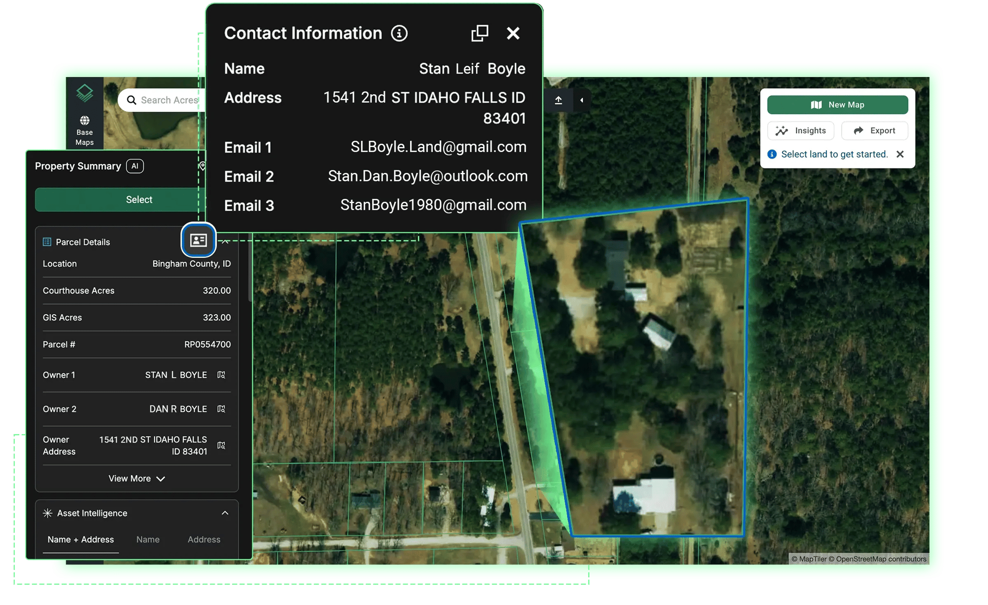 Acres ownership intelligence panel showing landowner contact details and asset intelligence for an Idaho energy land acquisition