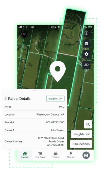Acres mobile app showing parcel details panel with owner name, address, and acreage for a Washington County Arkansas property