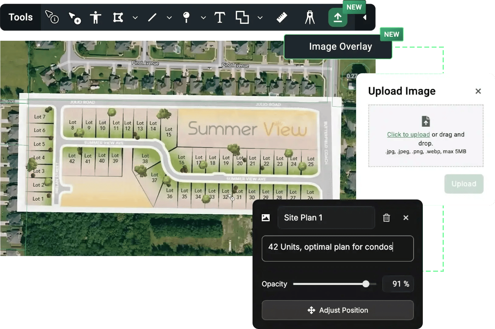 Acres image overlay tool showing Summer View subdivision site plan aligned over aerial parcel map