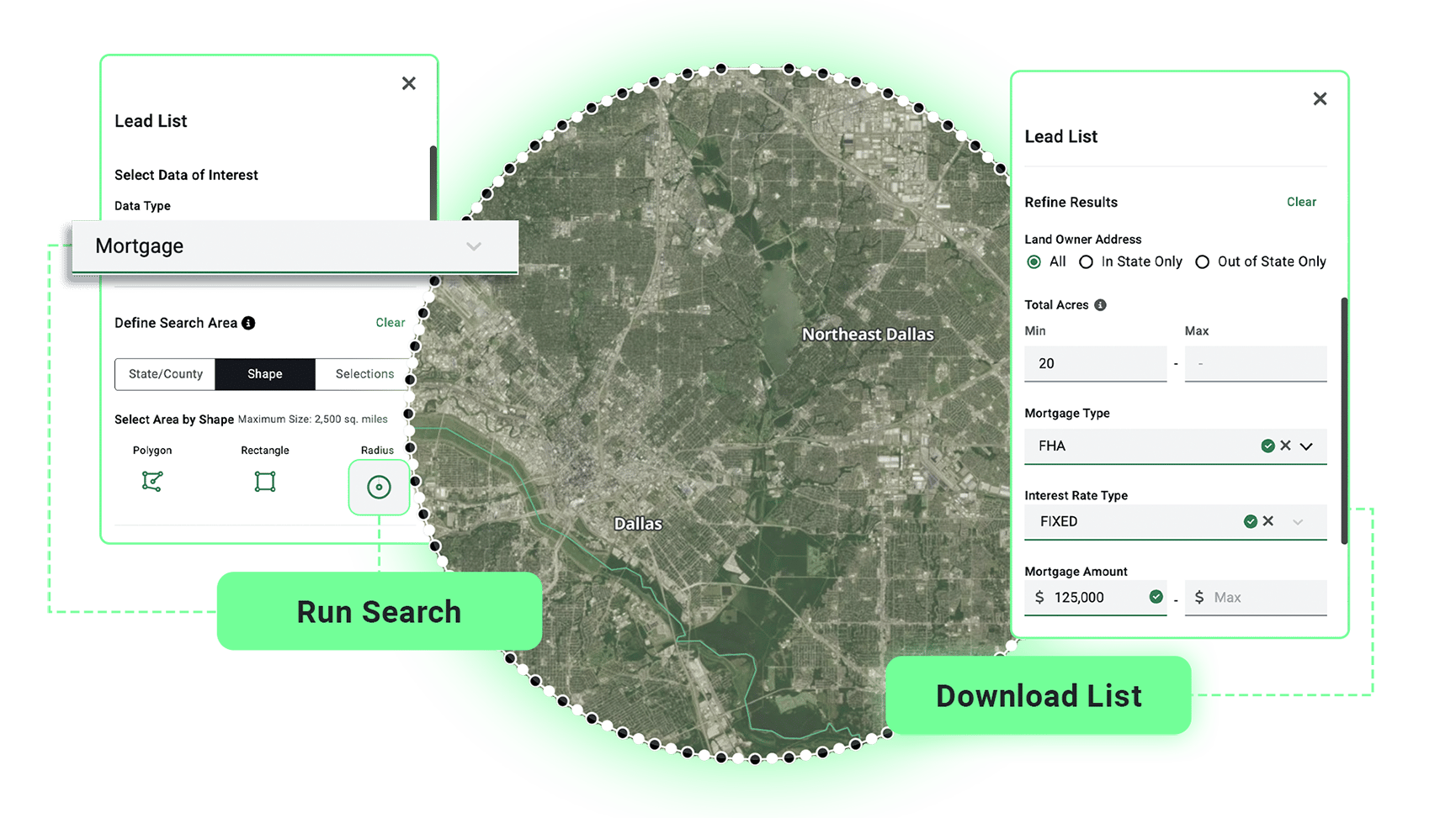 Acres mortgage lead list builder with FHA filter and draw-by-shape search area around Northeast Dallas