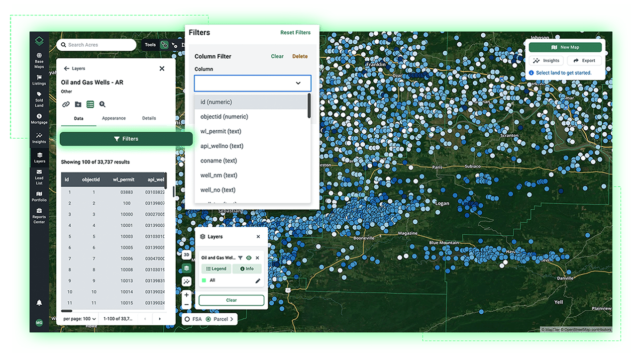 Acres GIS showing 33,737 oil and gas well maps in Arkansas with column filter panel for fast land data research