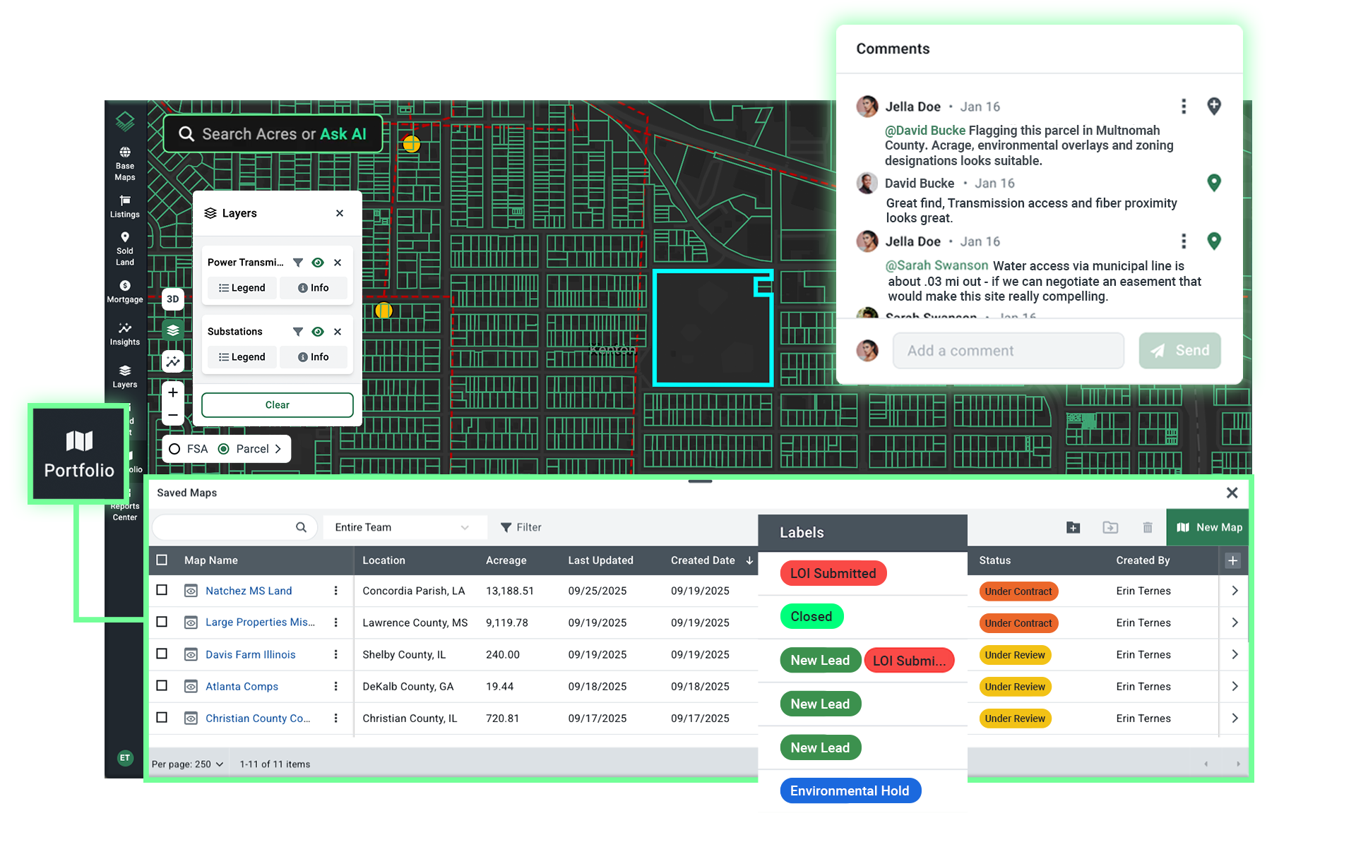 Acres data center deal flow portfolio showing team comments on a power infrastructure map with LOI and deal status labels