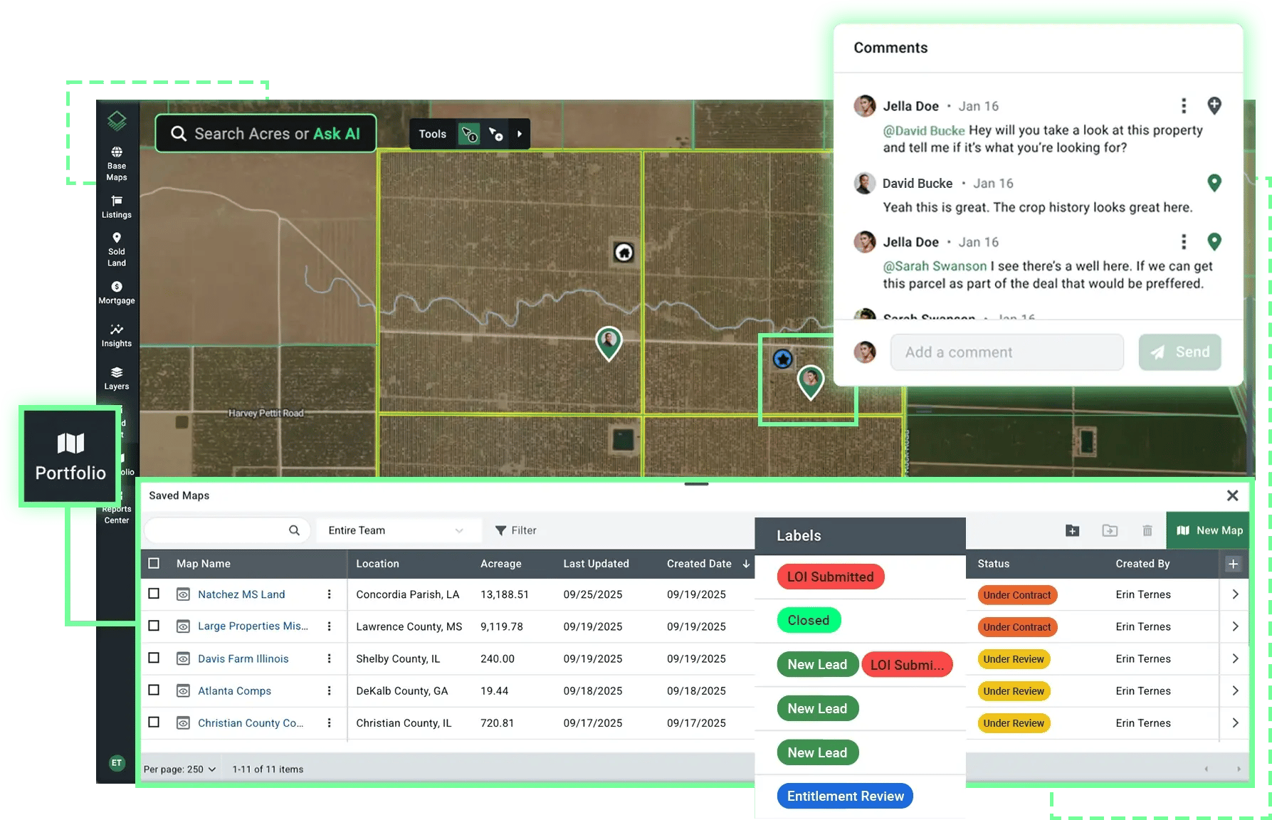 Acres lending portfolio dashboard showing saved maps with team comments, LOI status labels, and centralized deal tracking