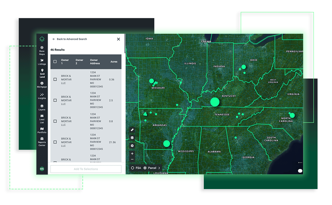 Acres advanced search showing competitor land purchases mapped across the Midwest for market intelligence and risk strategy Acres advanced search showing competitor land purchases mapped across the Midwest for market intelligence and risk strategy