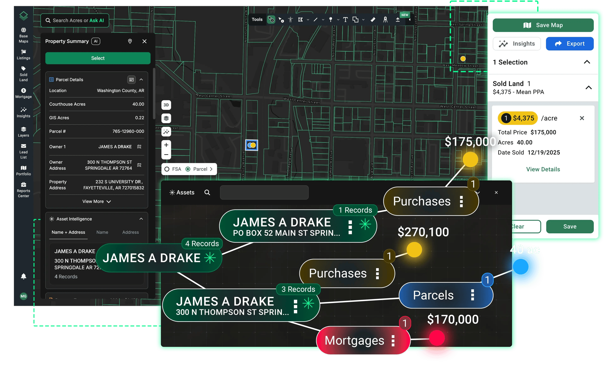 Acres Asset Intelligence graph mapping borrowers' parcels, purchases, and mortgages for lending risk assessment