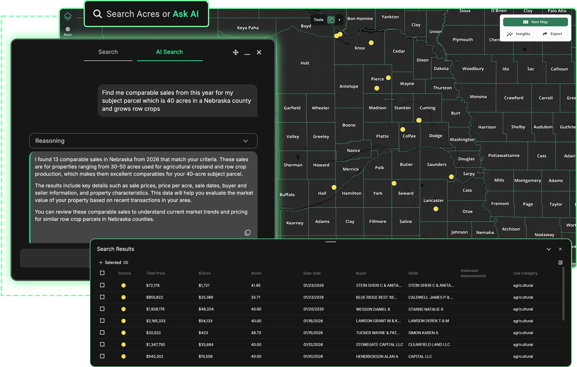 Acres Intelligence search interface finding comparable land sales for a 40-acre row crop parcel in Nebraska