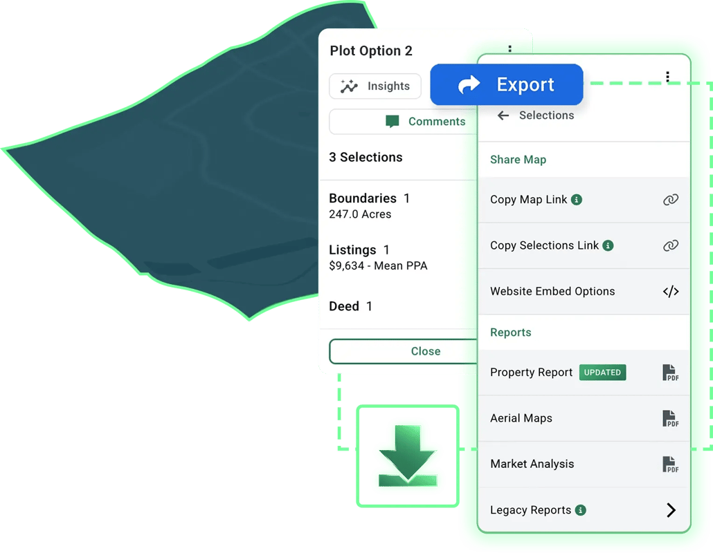 Acres map export panel showing share link, website embed, and PDF report options including aerial maps and market analysis