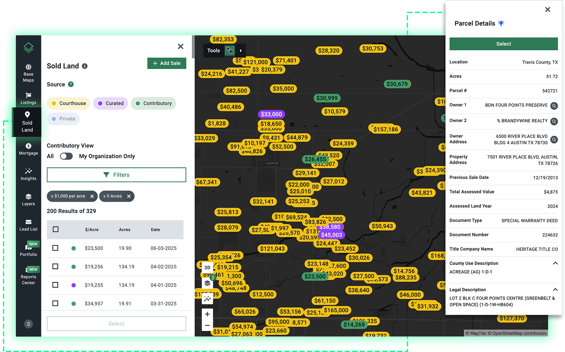 Sold land map in Acres with parcel details panel showing ownership, deed type, and transaction history