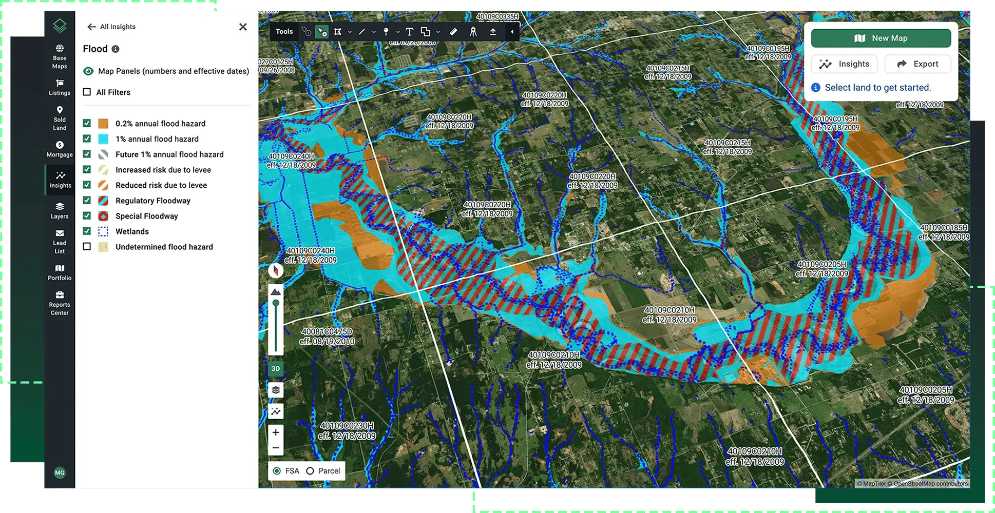 Acres flood zone map showing FEMA flood hazard categories including wetlands and floodway for land due diligence Acres flood zone map showing FEMA flood hazard categories including wetlands and floodway for land due diligence