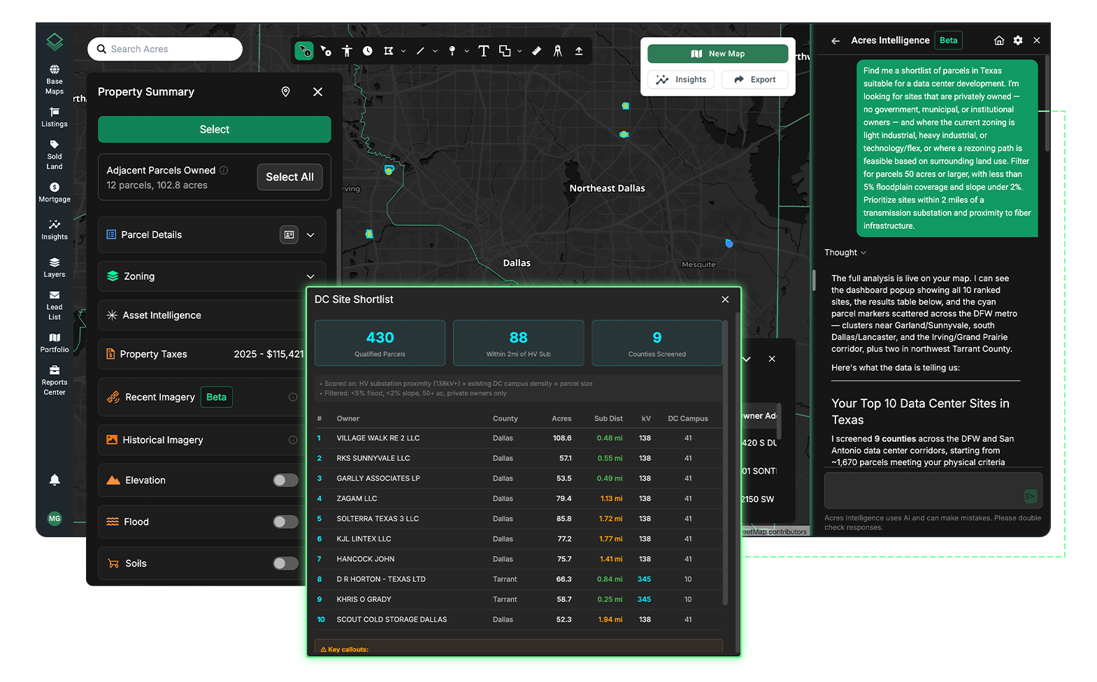 Acres Intelligence AI agent building a data center site shortlist in Texas with zoning, flood, slope, and power proximity filters