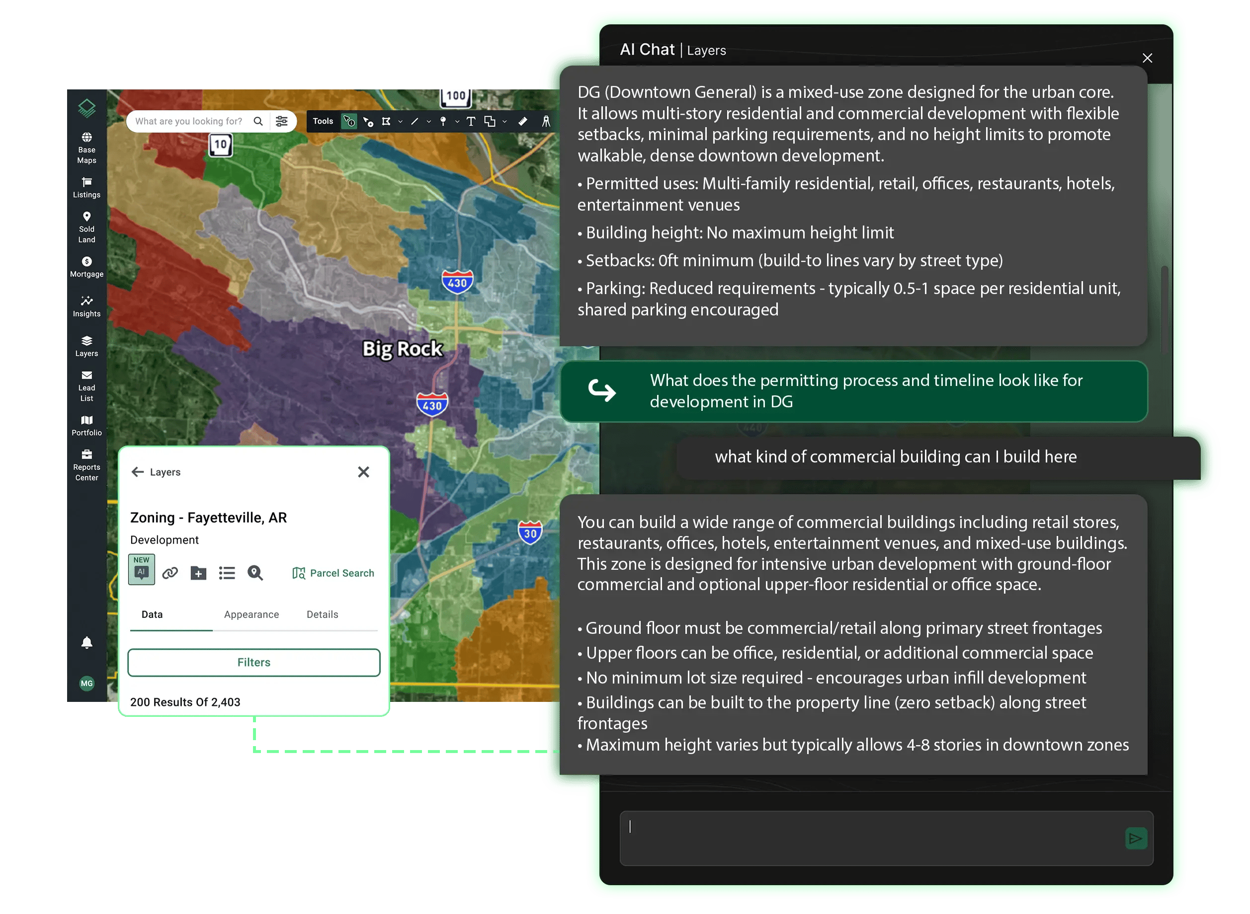 Acres zoning AI chat decoding DG downtown general and Fayetteville AR zoning requirements including permitted uses, setbacks, height limits, and commercial building types to support highest and best use analysis before land valuation