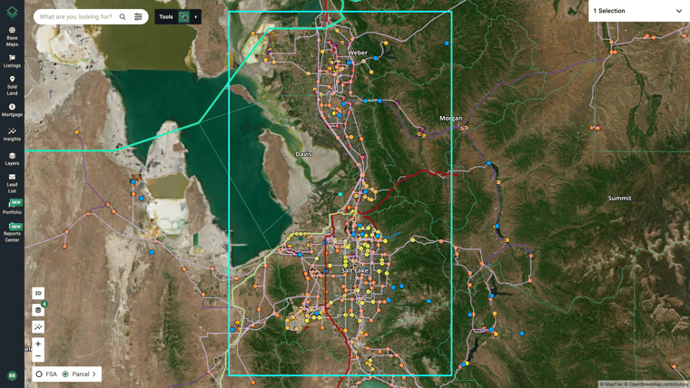 Acres layers map view of energy infrastructure layers including substations and transmission lines in an emerging data center market
