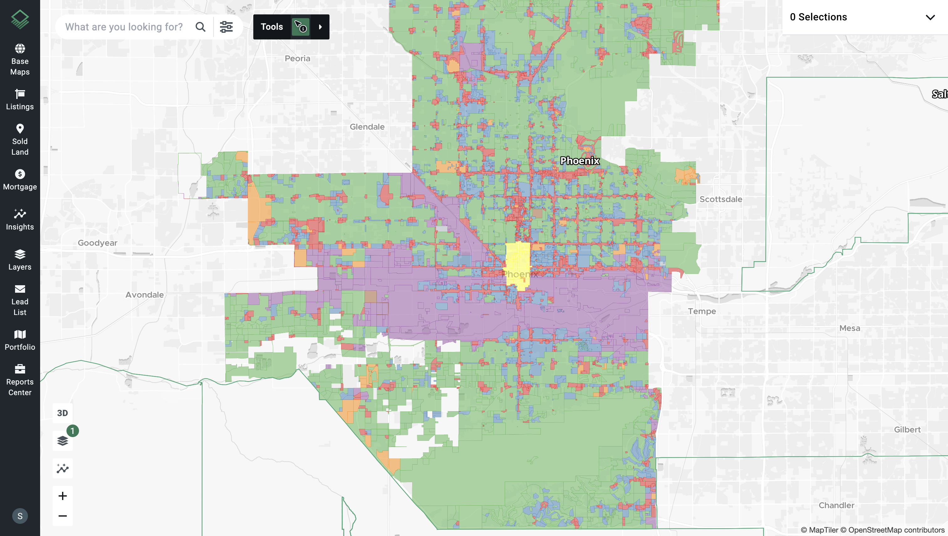 Acres interactive Phoenix zoning map showing residential, commercial, and industrial district overlays