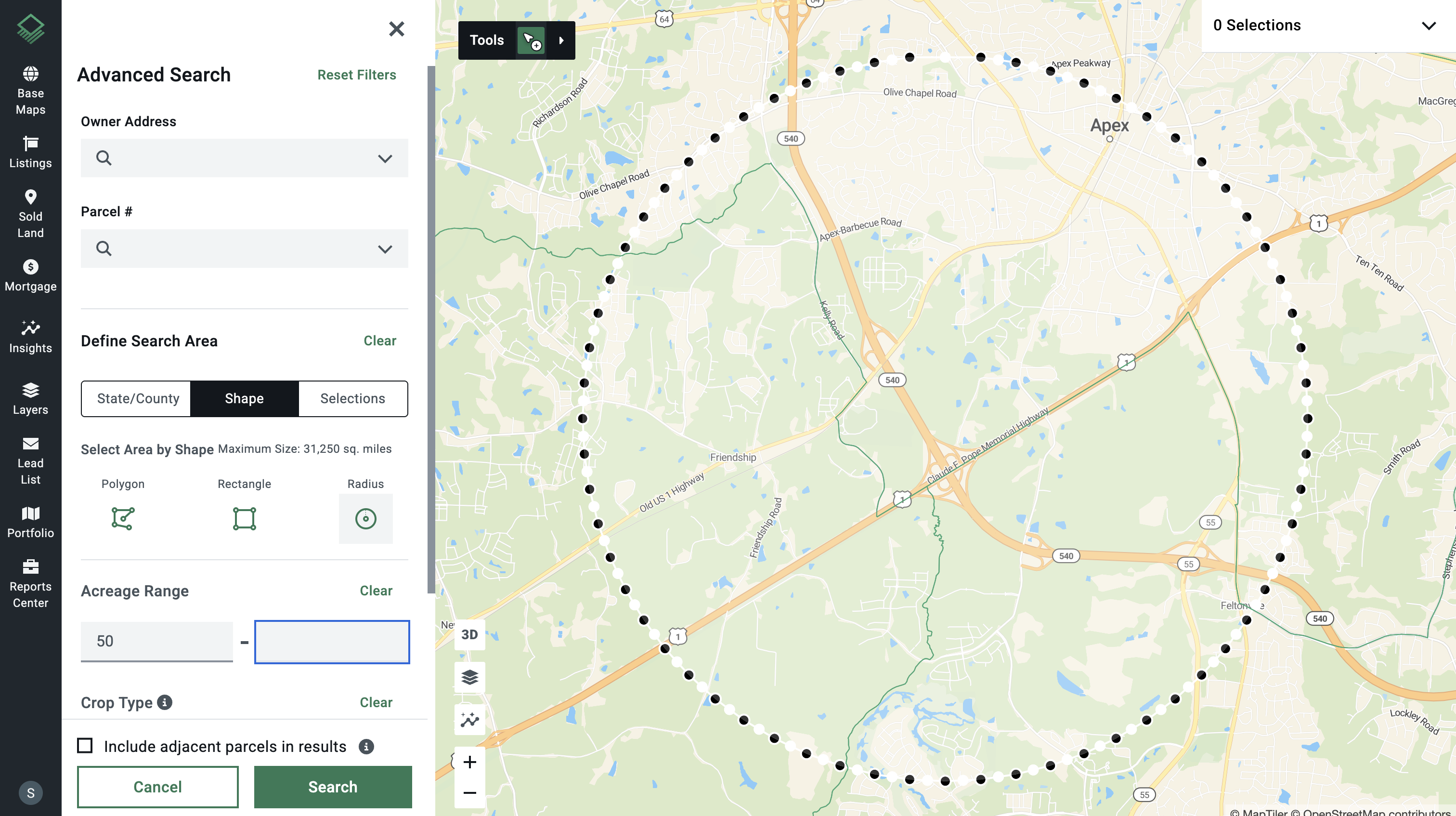 Acres.com platform showing off-market land parcel search with map layers, ownership data, and lead list tools for a 5-step off-market strategy.