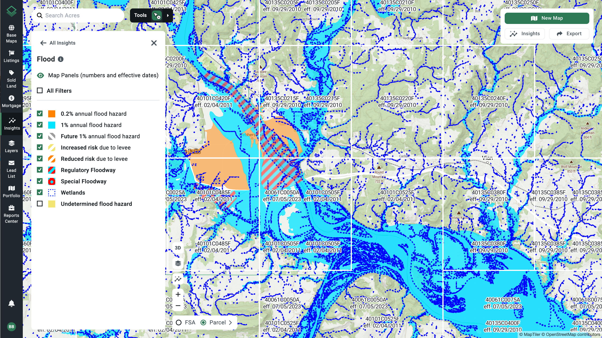 Acres map showing soil drainage and flood risk layers overlaid on a residential development parcel.