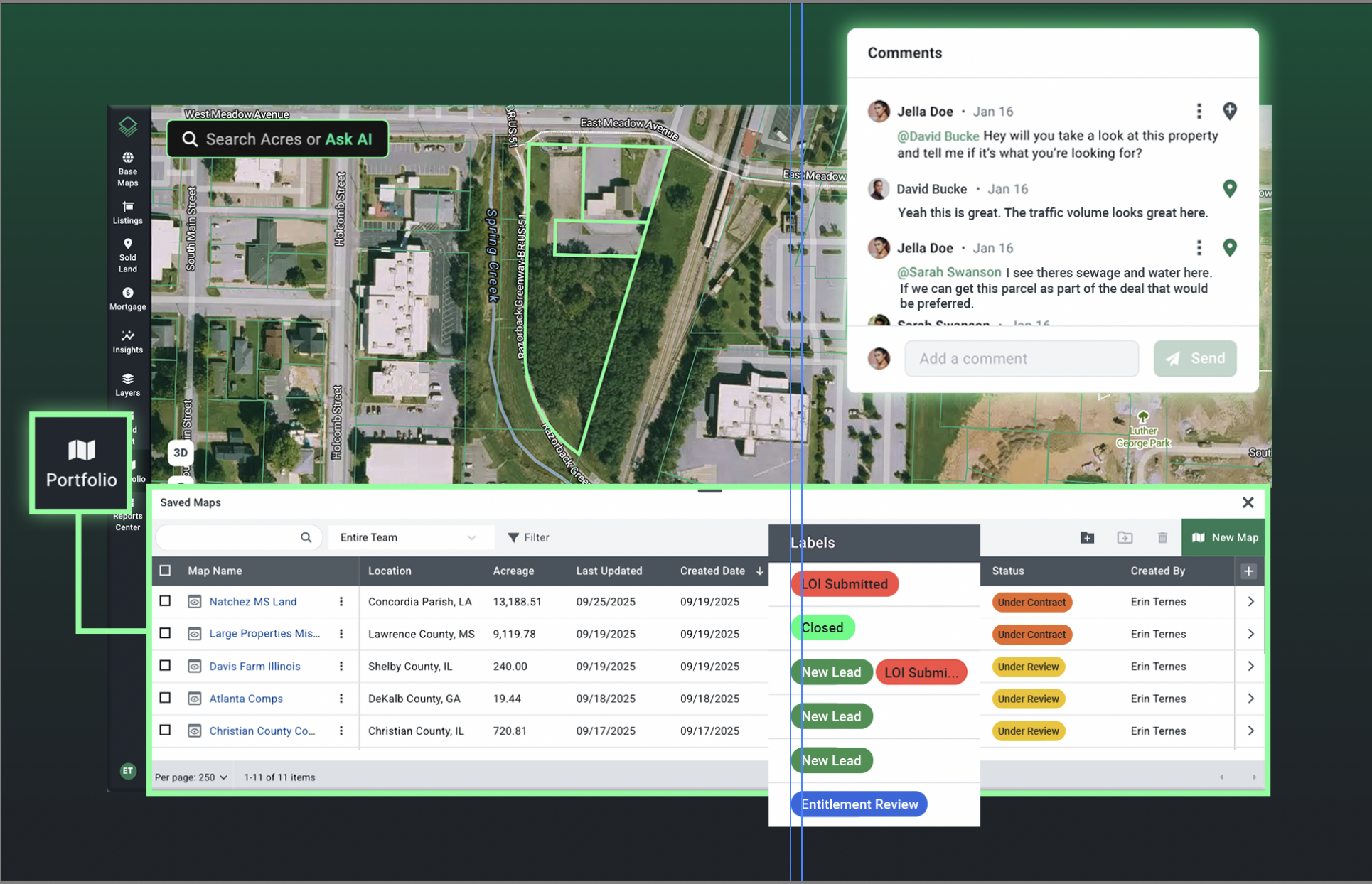 Acres collaborative retail site selection software pipeline dashboard showing saved commercial properties and demographic mapping