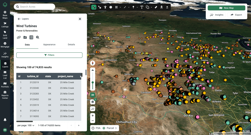 Acres interactive US wind turbines map showing turbine locations by state and facility data