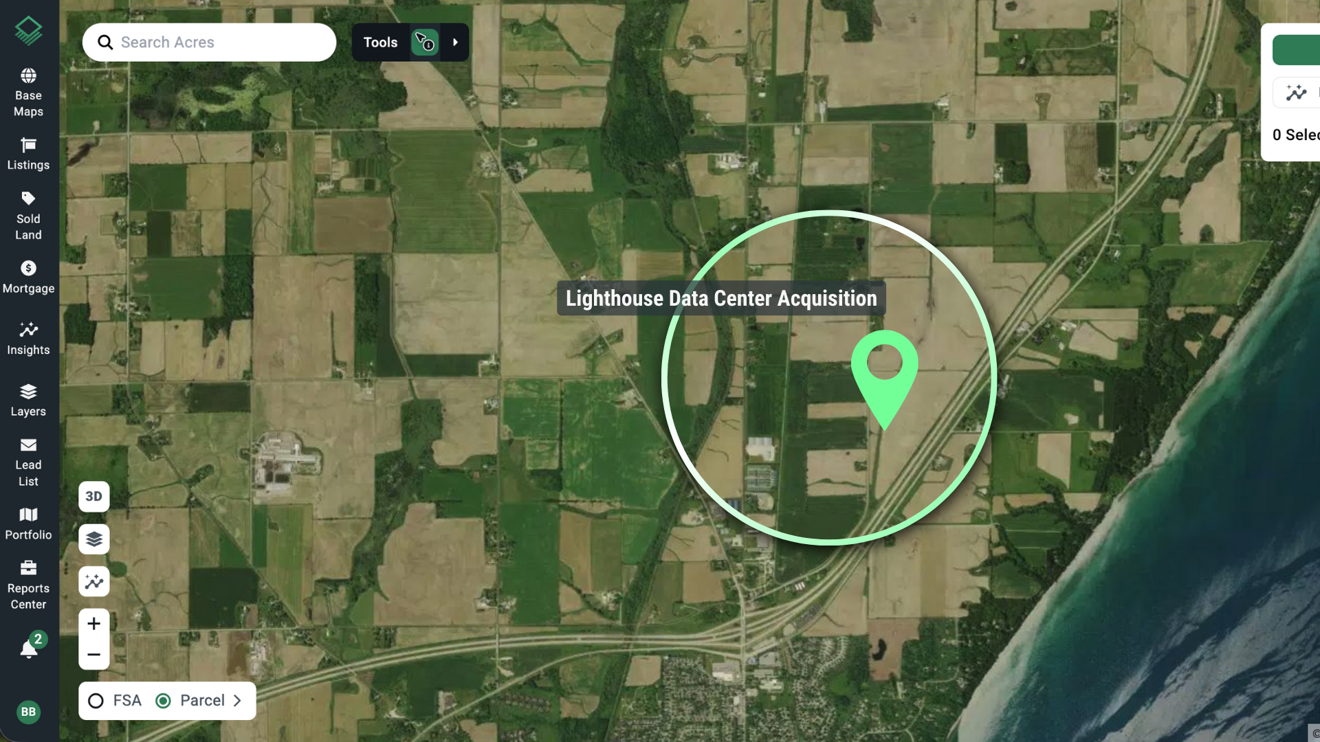 Aerial map of Port Washington Wisconsin showing the 500-acre Lighthouse Project data center campus site on Lake Michigan.