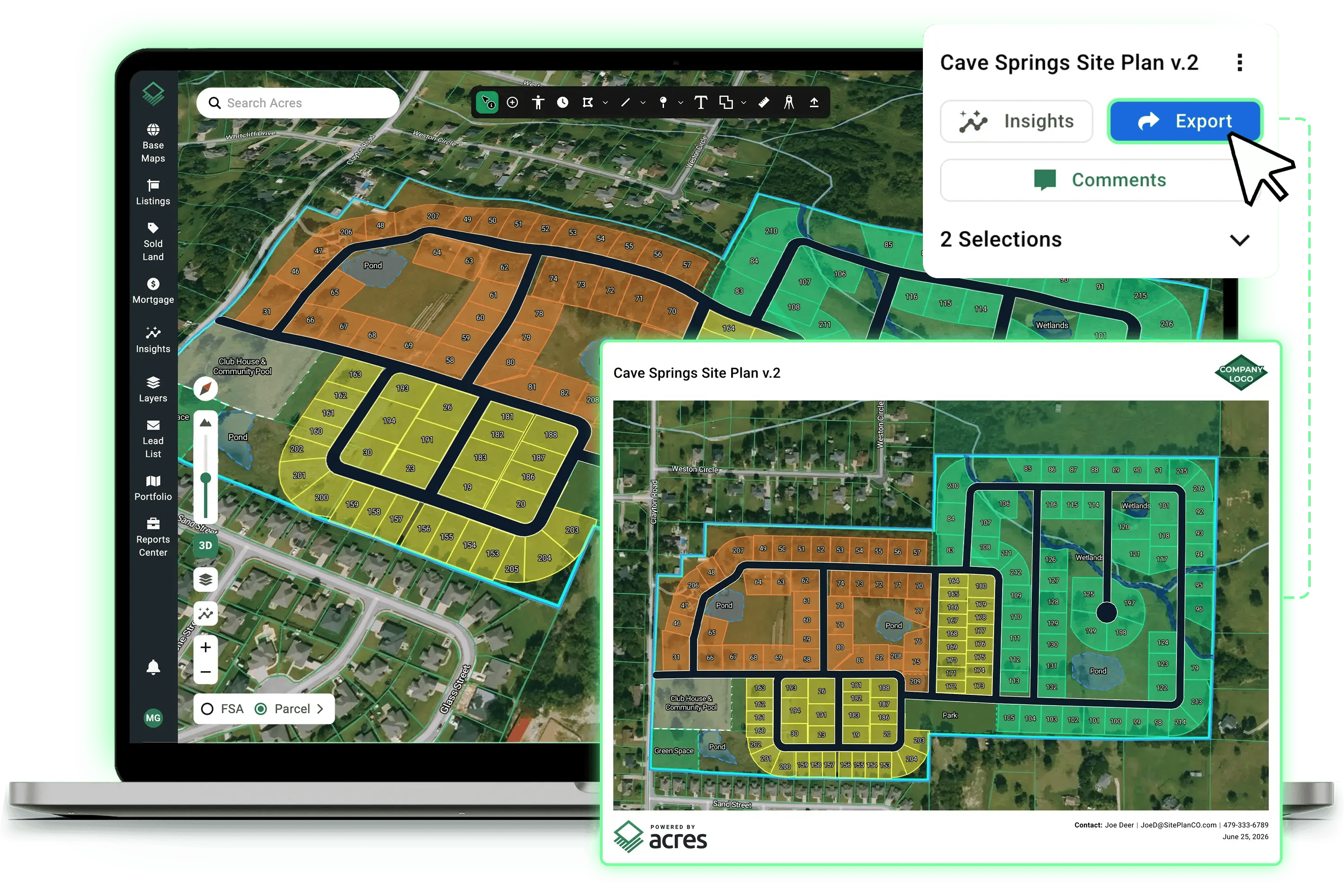 One-click site planner PDF export tool in Acres displaying a branded lot layout report for civil engineering handoff.
