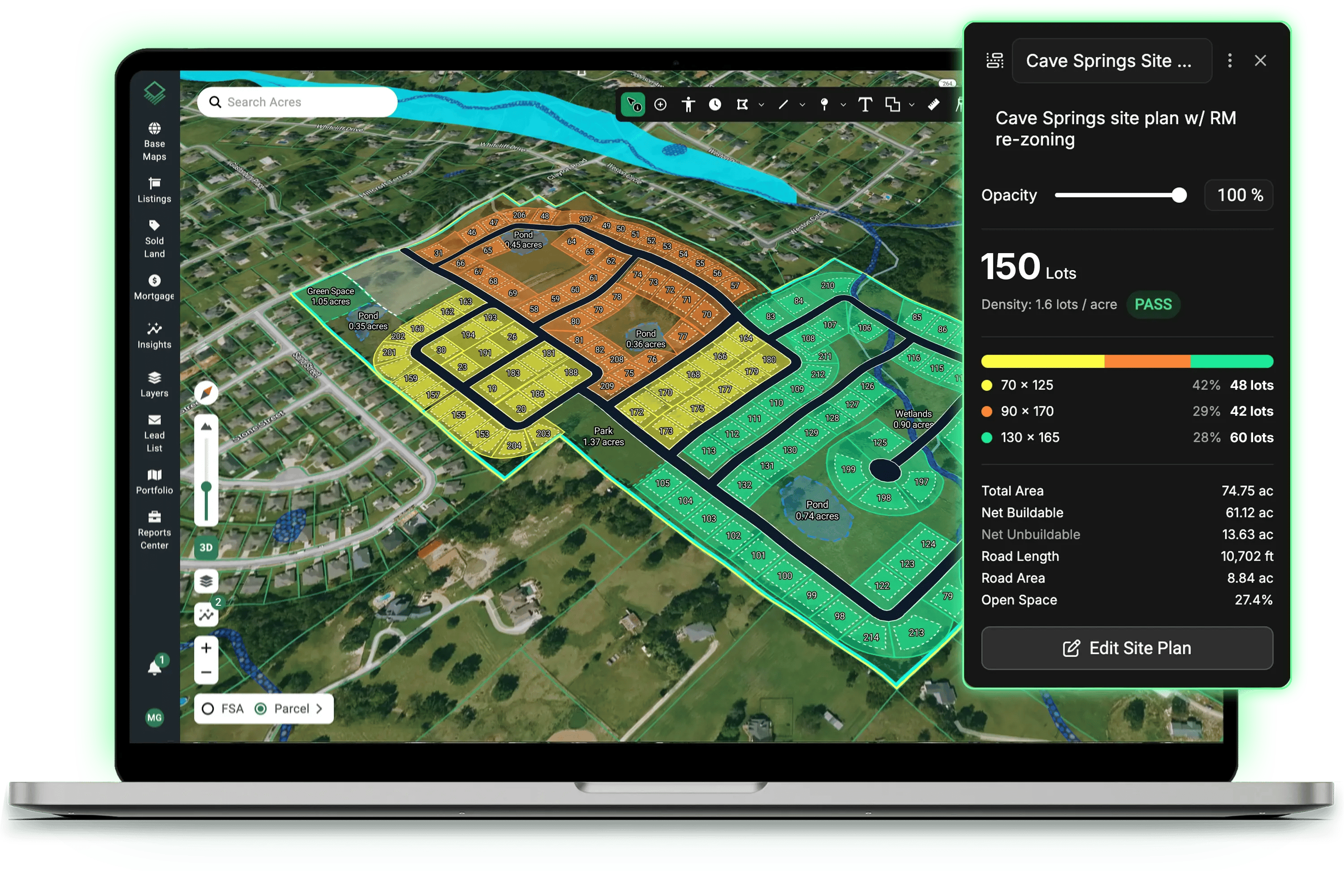 Acres Site Planner showing a subdivision layout with real-time lot yield results