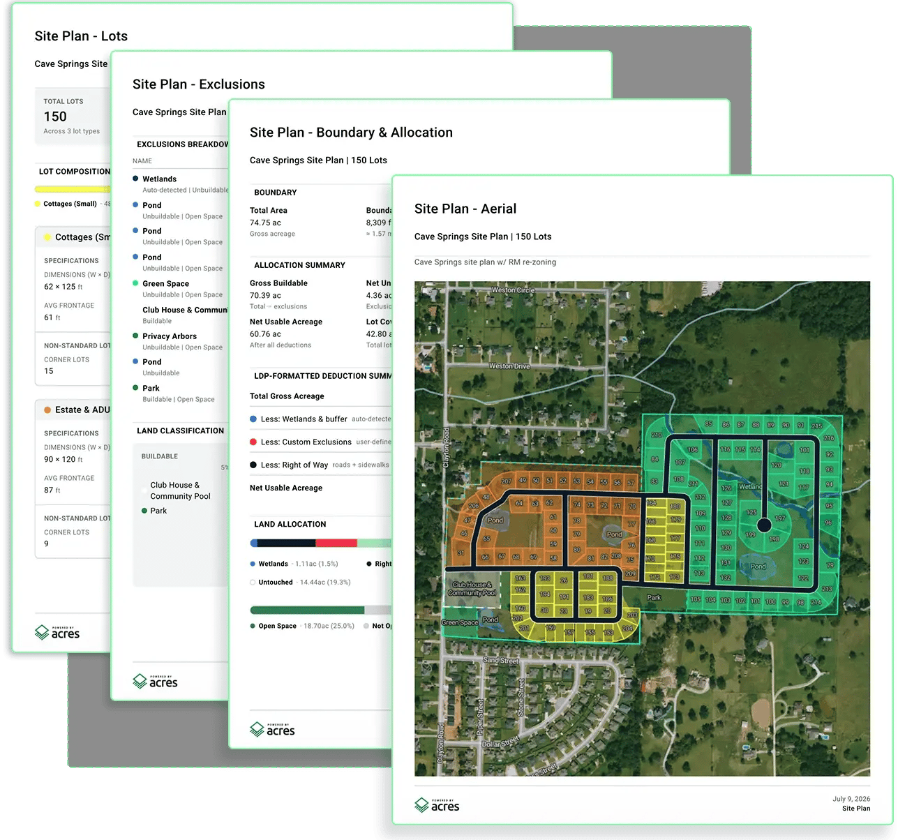 Branded Site Planner PDF report with a site map, exclusions, and lot yield statistics
