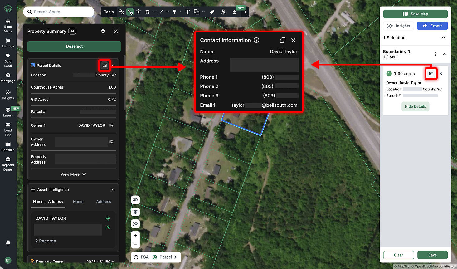 Acres.com displaying parcel owner contact details including phone and email for a 1-acre property in South Carolina to support land owner lookup and skip tracing outreach during land acquisition