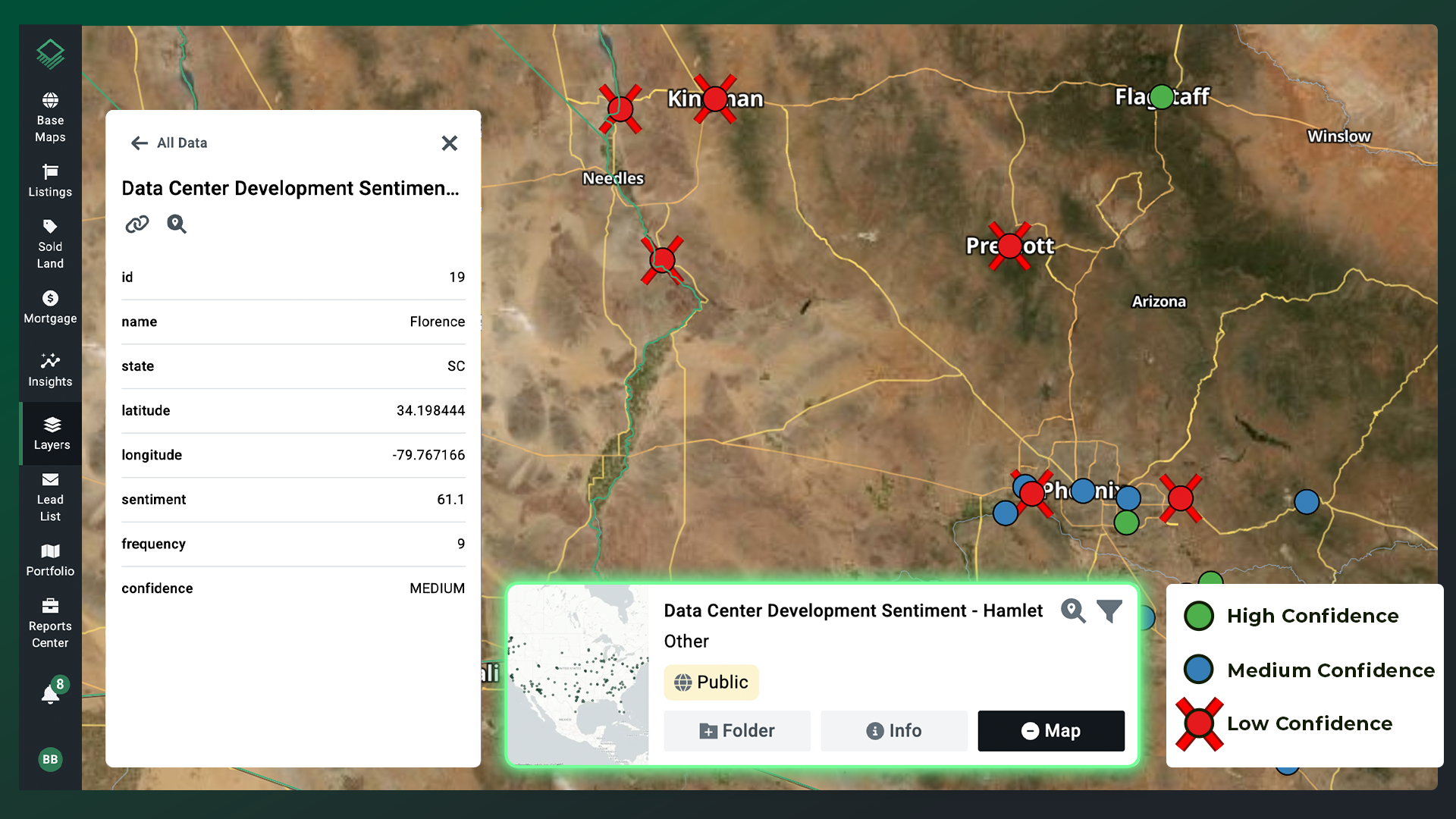 Interactive map on Acres showing Data Center Development Sentiment scores, confidence indicators, and regulatory opposition markers across target jurisdictions.