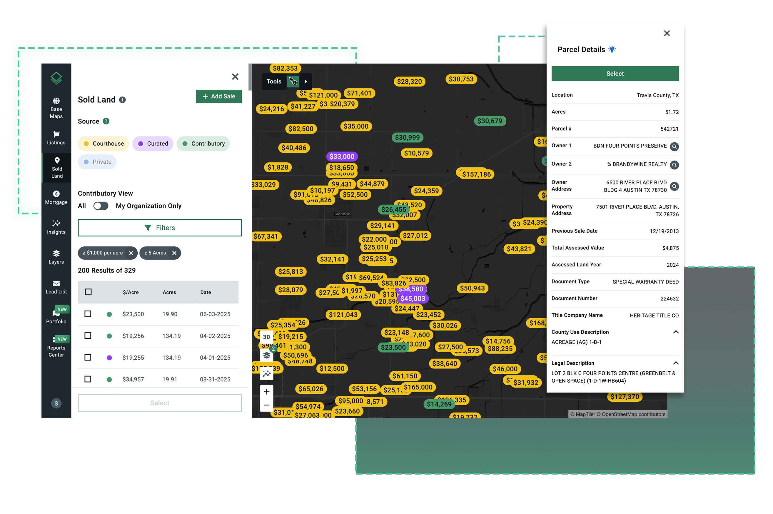 Acres.com displaying a sold land map with comparable sales data and parcel details for Travis County, TX to help buyers negotiate and evaluate land value when buying land