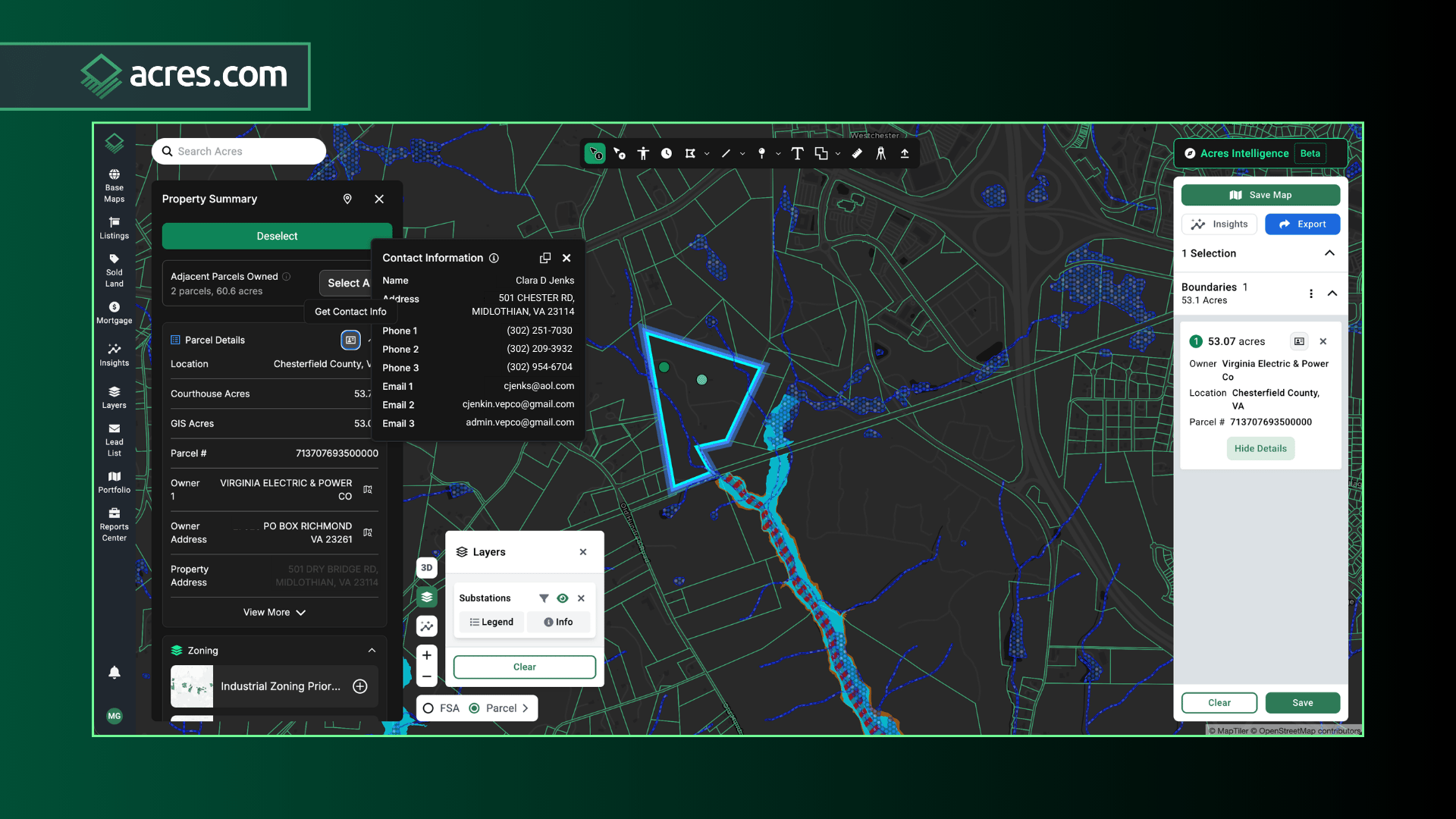 Acres.com substation U.S. map with flood zones and landowner information
