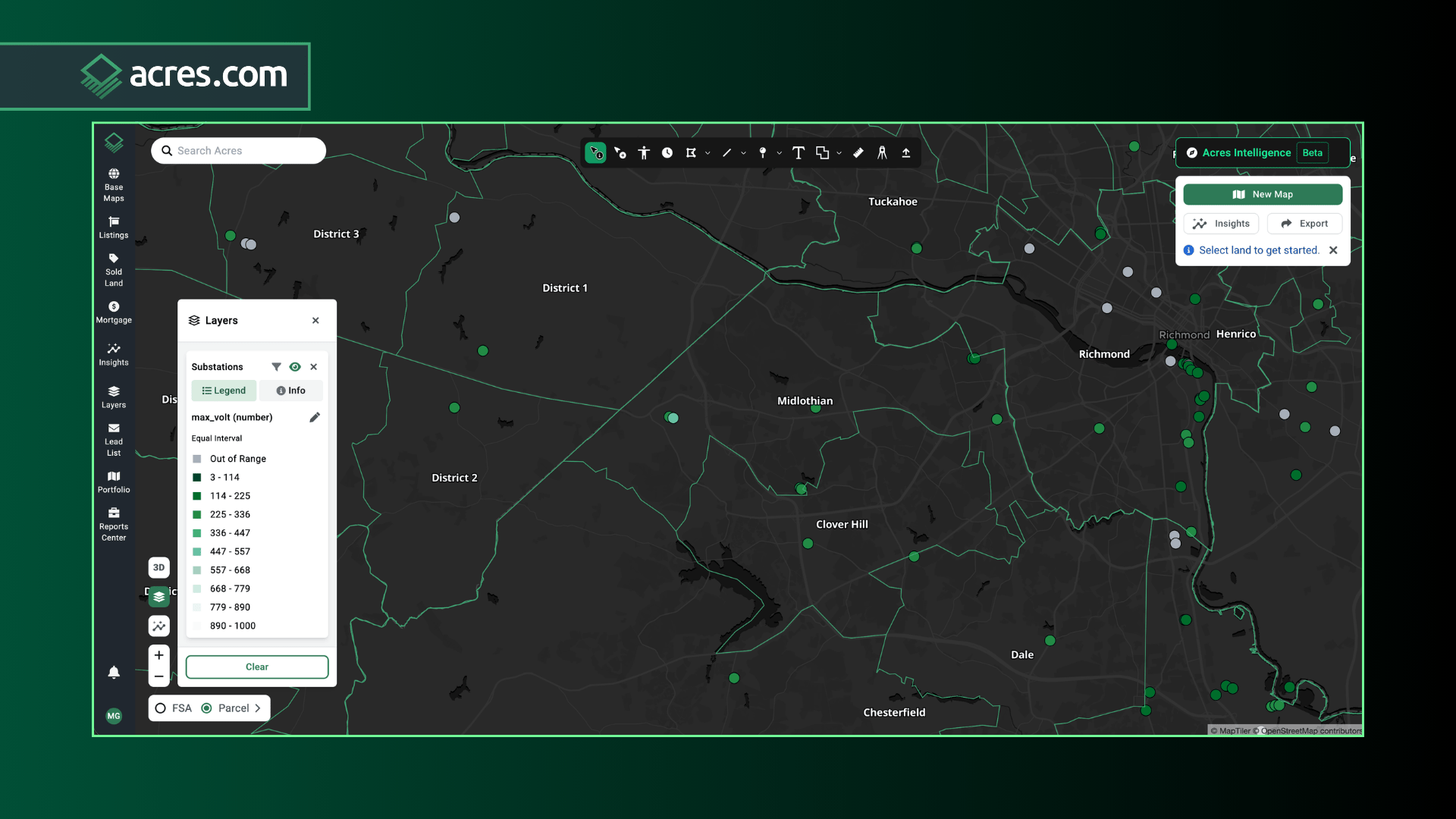 Acres.com substations around the U.S. map