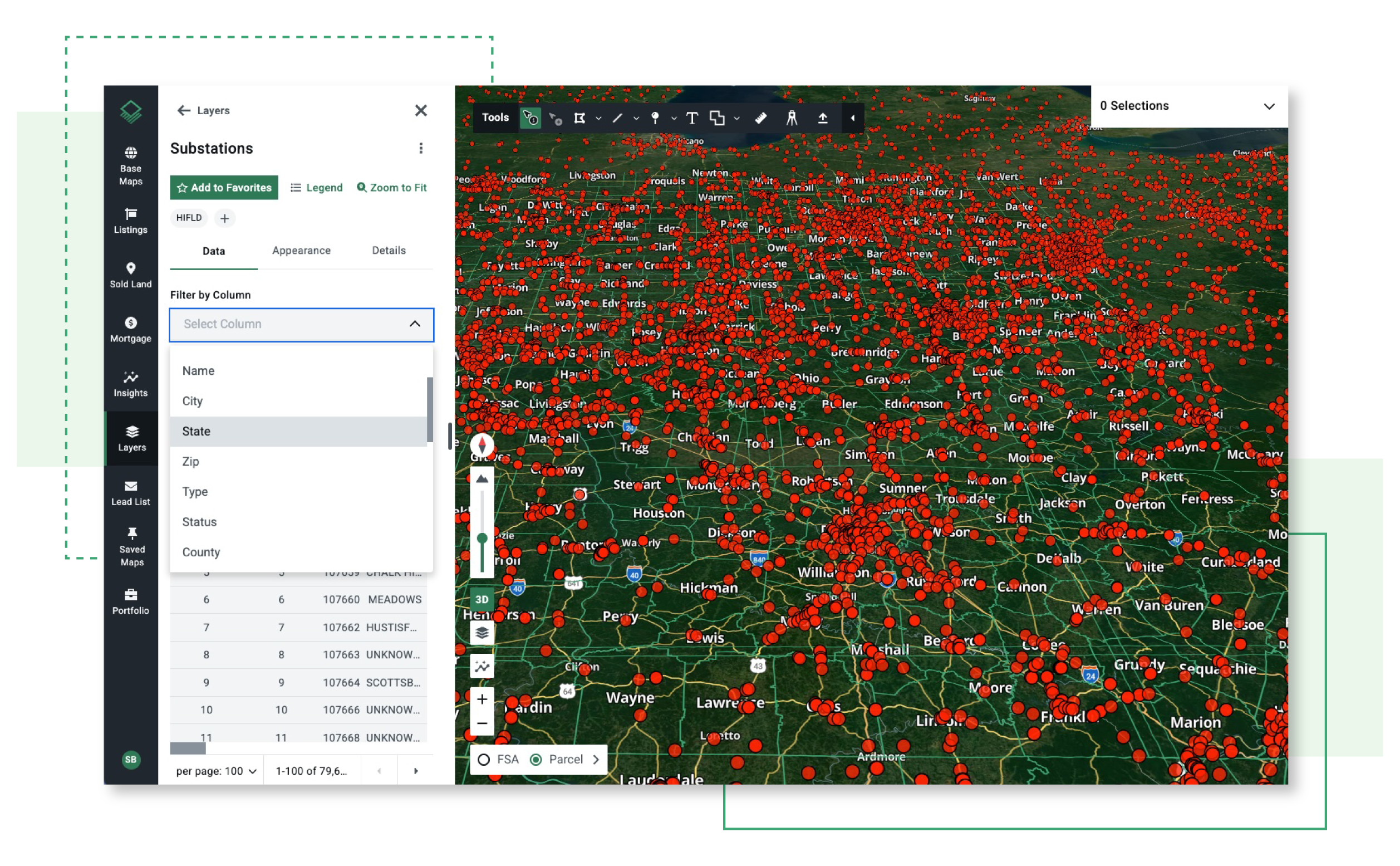Acres land data platform interface displaying regional substation point data across U.S. parcels to analyze power infrastructure density and screen candidate sites for data center land value.
