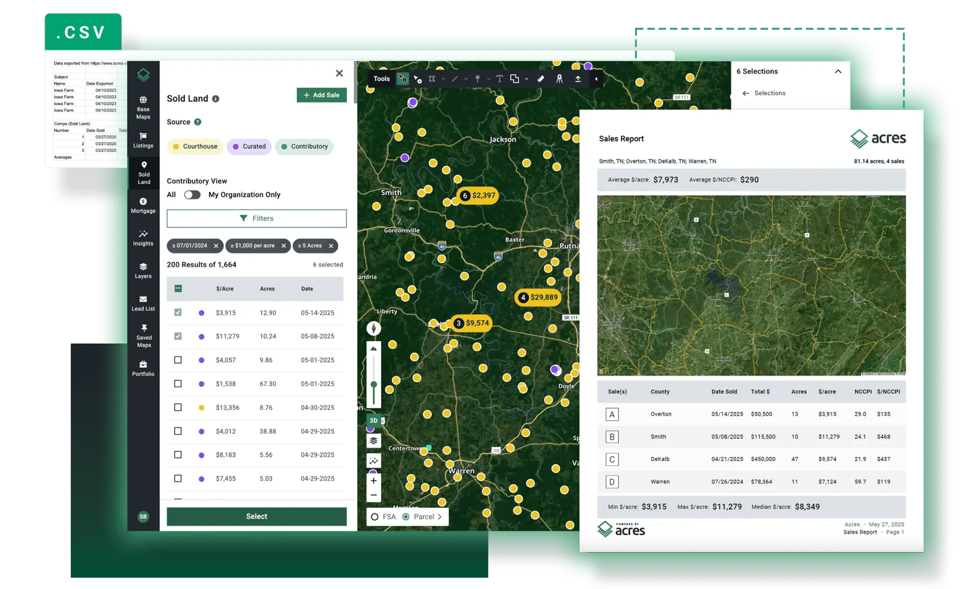 Acres market analysis report showing sold land comparables sales map with branded PDF and CSV export options