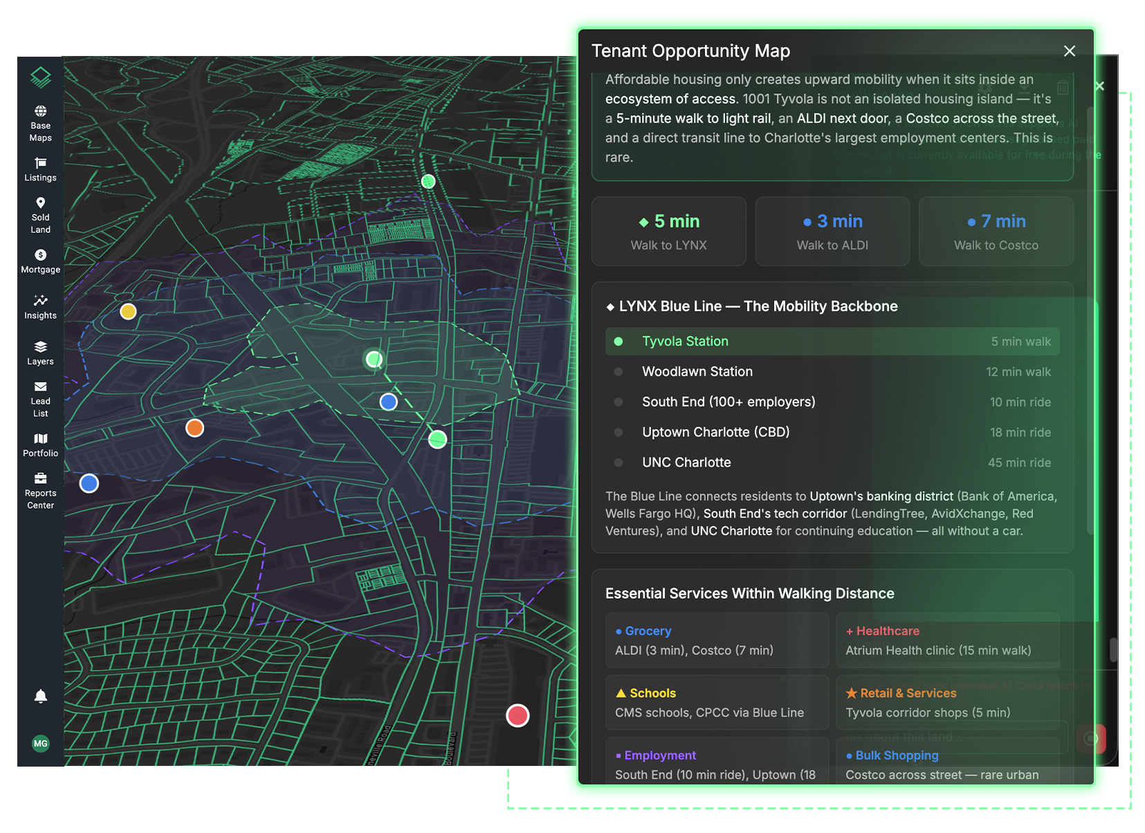A live interactive market dashboard from Acres Intelligence showing a Tenant Opportunity Map for a property in Charlotte, NC. The AI-generated analysis highlights an "ecosystem of access," featuring walk times to transit like the LYNX Blue Line and proximity to retailers such as ALDI and Costco. This site selection tool surfaces essential services including healthcare, schools, and major employment hubs like Uptown and South End to streamline land development diligence.