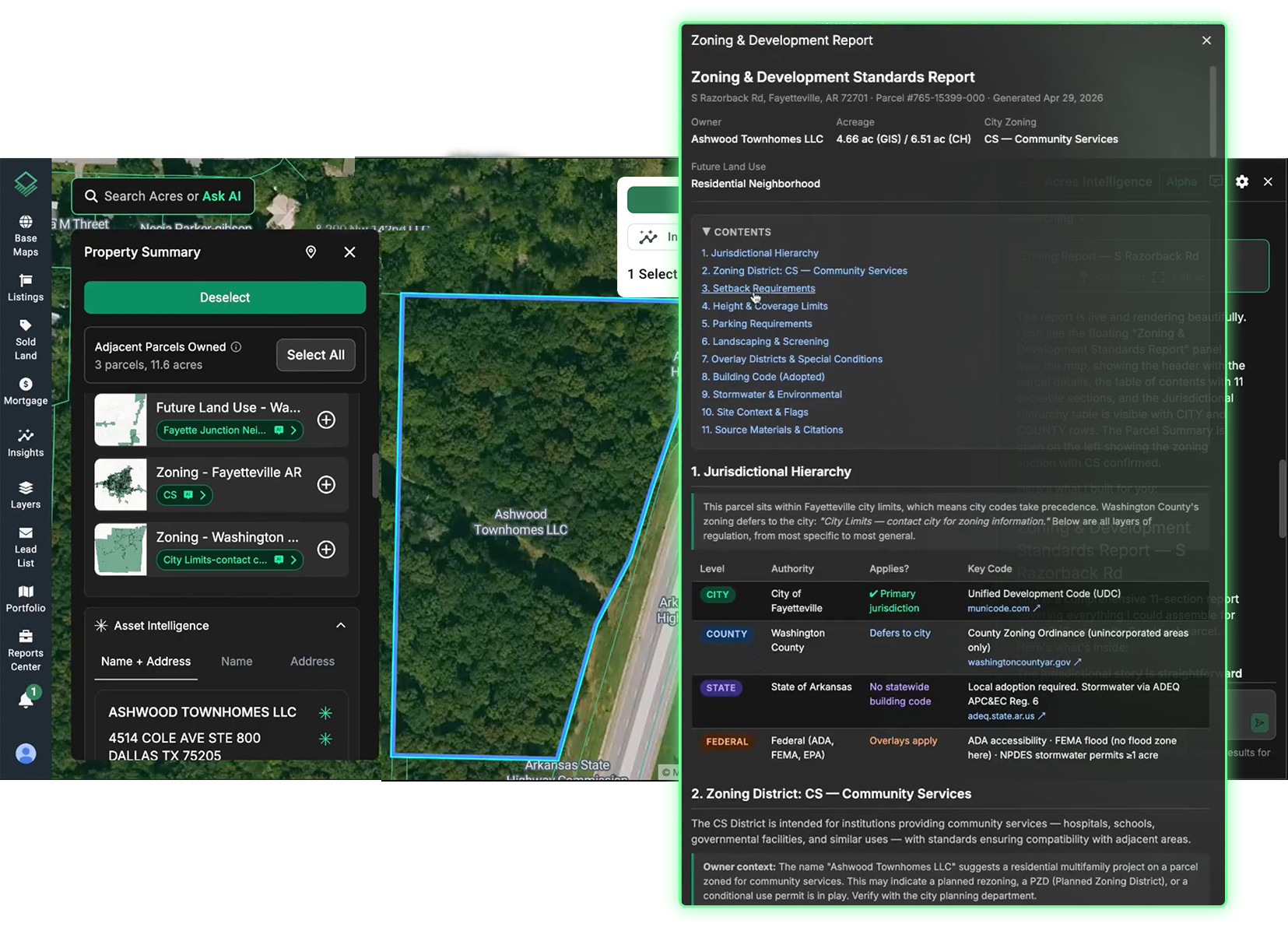 A screenshot of an Acres Intelligence automated zoning report for a land parcel in Fayetteville, AR. The interface displays a comprehensive jurisdictional hierarchy laddering city, county, state, and federal codes. Key features shown include setback requirements, height and coverage limits, LLC unmasking for Ashwood Townhomes LLC, and site-specific environmental constraints.