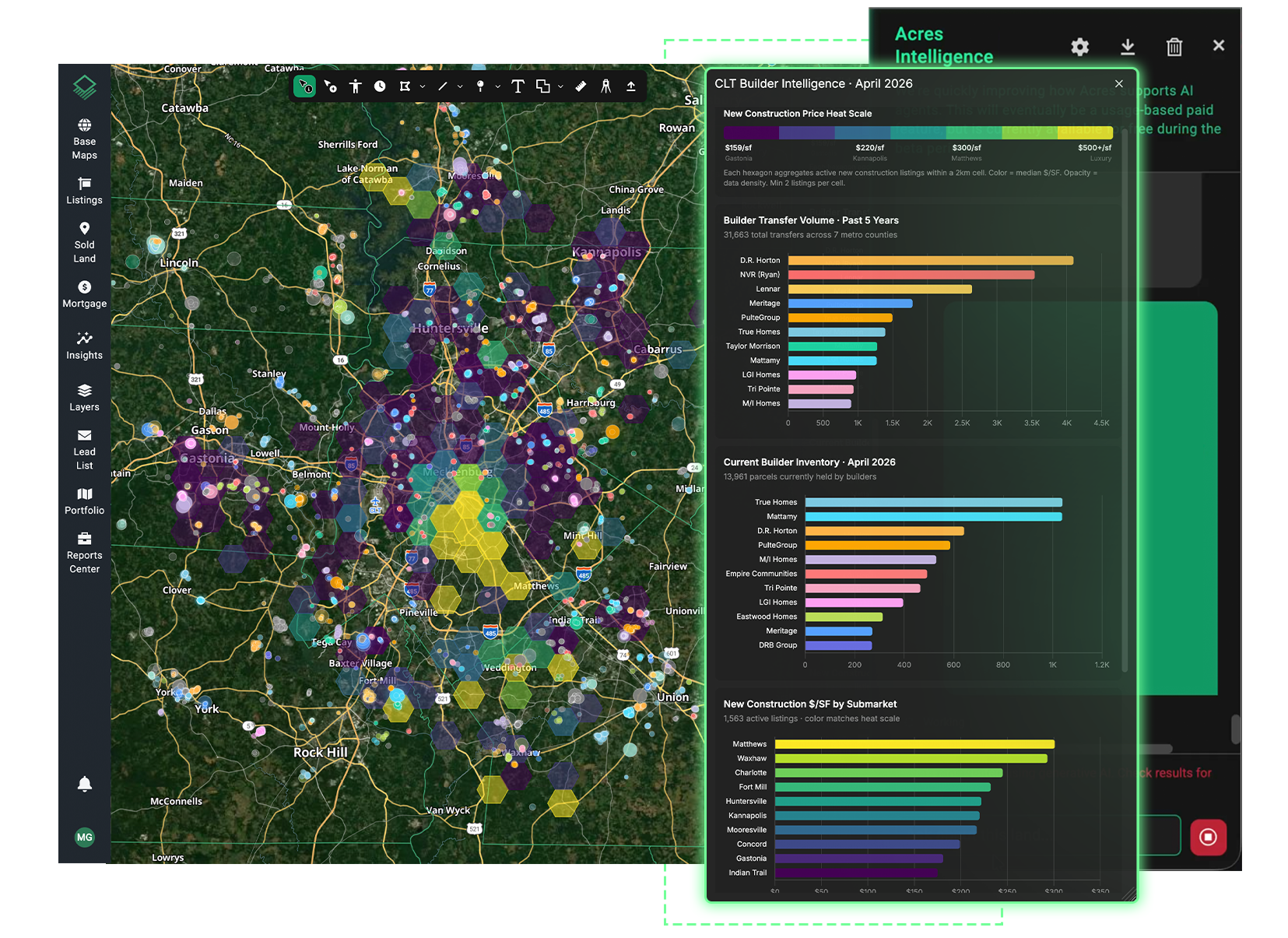 Acres Intelligence platform dashboard showing parcel-level land data map with ownership patterns, deed transfers, and builder activity analytics to track institutional land acquisition across U.S. markets