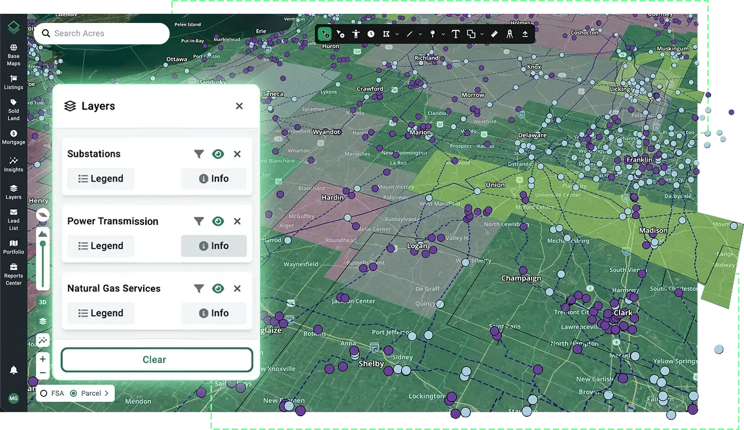 Acres platform GIS mapping interface displaying substations, power transmission, and natural gas infrastructure layers over land parcels for data center site selection.