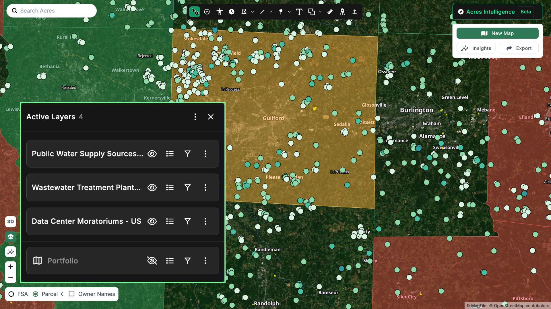 Acres land data and AI mapping platform with water rights and access layers showing data center moratoriums across the U.S. map.