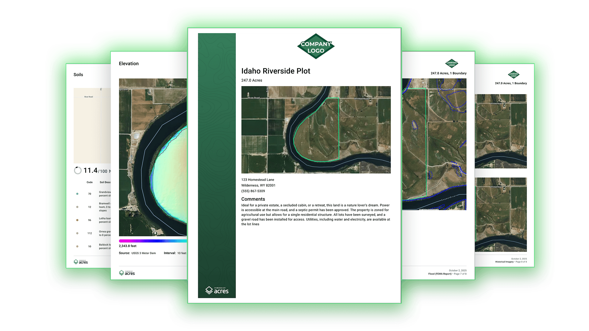 Acres branded property report for Idaho Riverside Plot showing elevation map, aerial imagery, and parcel details for land broker marketing