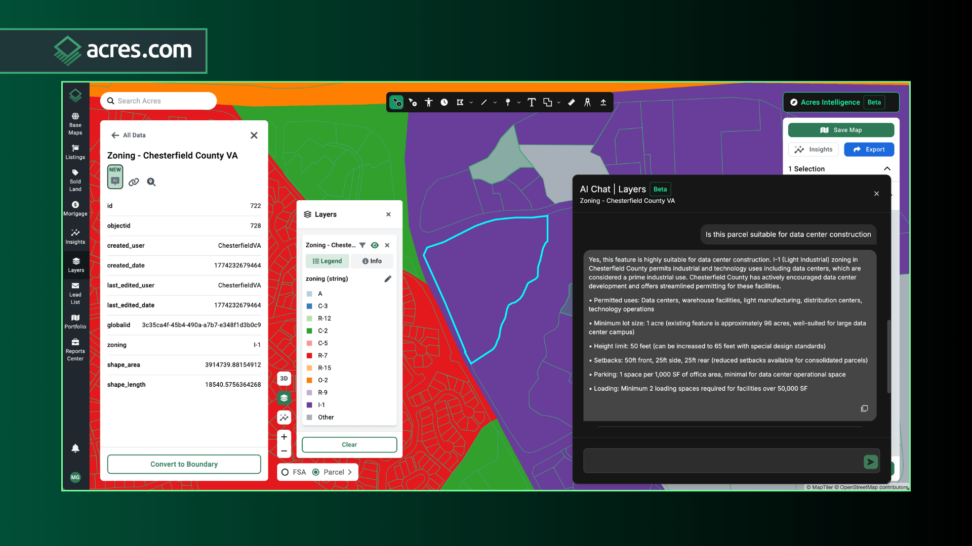 Acres.com using zoning AI agent for data center due diligence