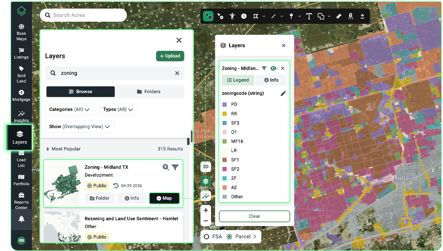 Acres.com layers panel showing a zoning layer selected for Midland, TX with color-coded zoning designations overlaid on a parcel map to support AI zoning analysis and parcel research