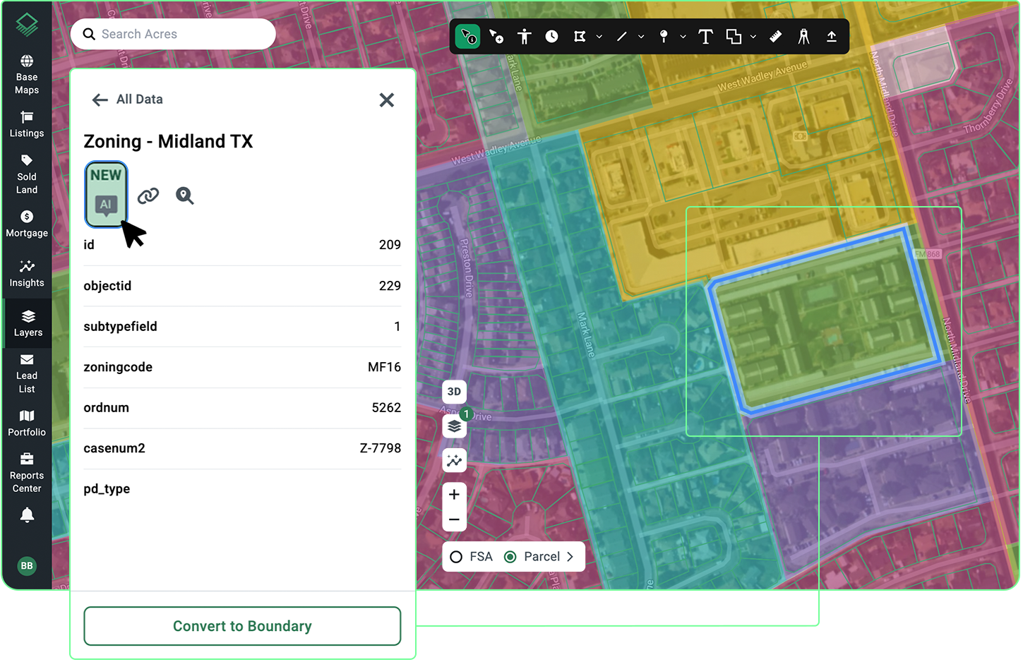 Acres.com parcel view displaying the Midland, TX zoning layer with the AI button highlighted to initiate zoning research and instant parcel analysis