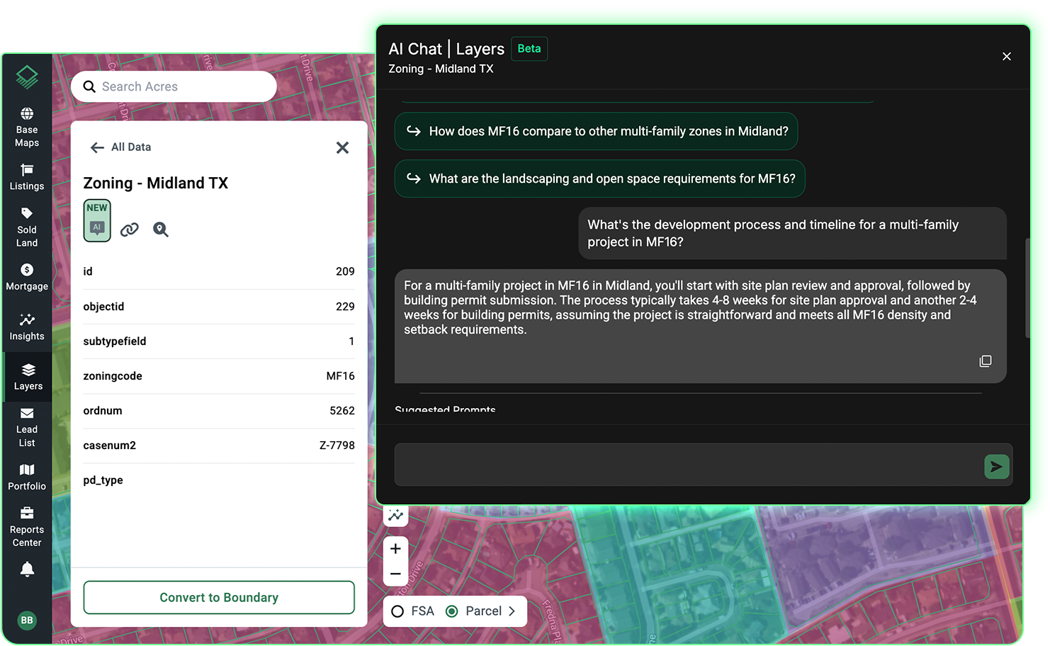 Acres.com AI zoning chat agent answering a question about the development process and timeline for a multi-family project in MF16 Midland, TX to help land teams assess zoning feasibility during due diligence
