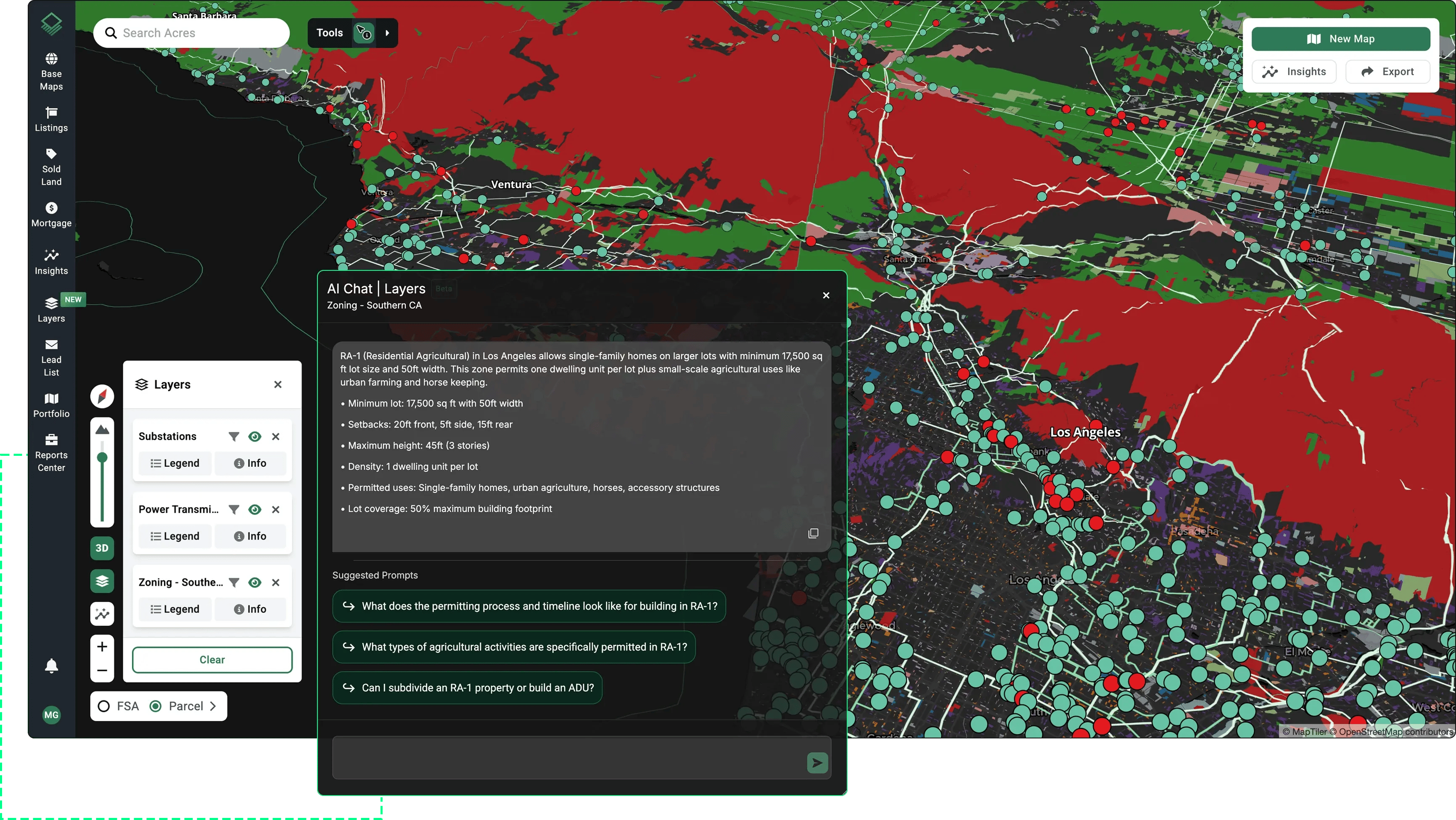 Acres platform screenshot showing a zoning map layer over Southern California parcels with an AI chat panel explaining RA-1 residential-agricultural zoning codes, setbacks, and permitted uses for land use due diligence